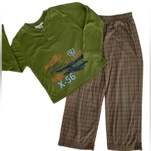 Cypress Pajama Set 2 Pieces Henley Top Pants Plaid Airplane Green Brown Boys 5
